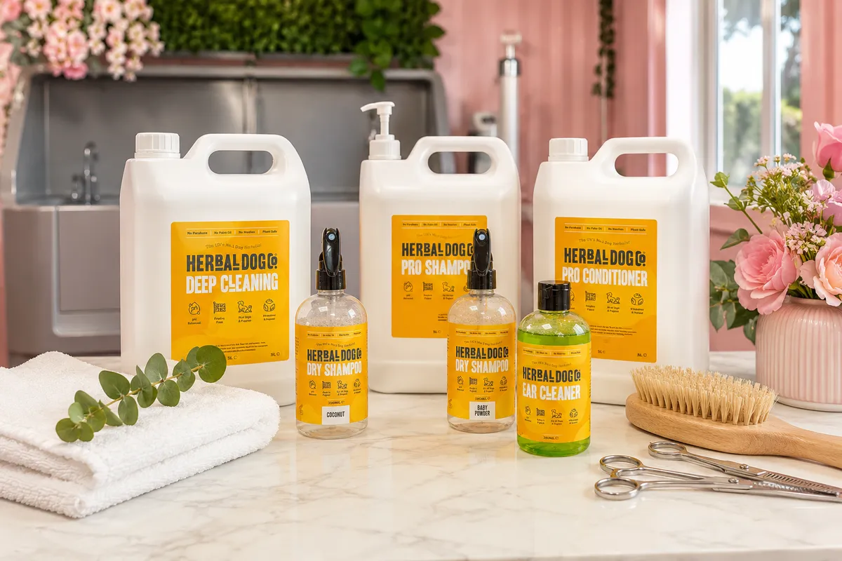 The Herbal Dog Co professional botanical grooming range — Deep Cleaning, Pro Shampoo and Pro Conditioner bottles with Dry Shampoo, Ear Cleaner, brush and grooming scissors