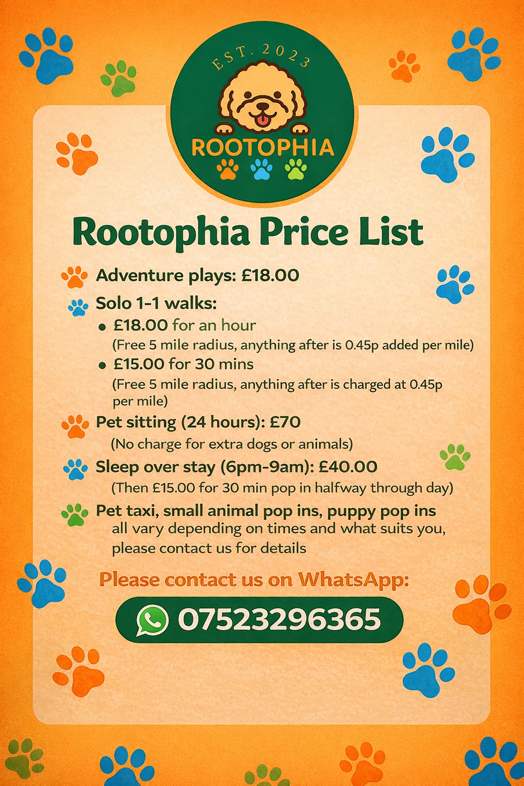 Rootophia Pet Services price list