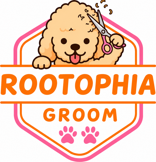Rootophia Groom logo — a cream poodle being groomed inside a shield with the words Rootophia Groom